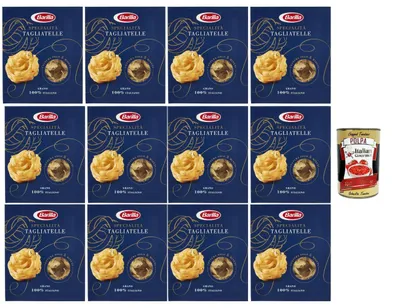 Produktbild von Barilla Tagliatelle Specialità 12×500 g – breite Bandnudeln aus 100% italienischem Hartweizengrieß, al dente in 5 Minuten, Großpackung für Familien + Italian Gourmet polpa