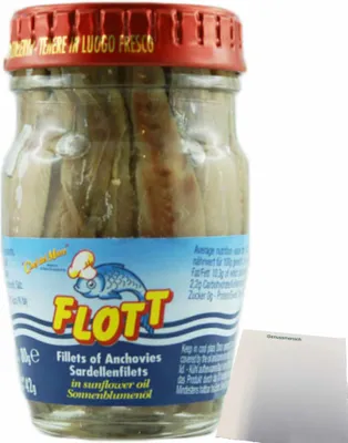 Produktbild von Flott Acciughe "Anchovies Sardellenfilets" in Sonnenblumenöl (80g Glas) + usy Block