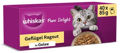Produktbild von Whiskas 1+ Katzennassfutter Ragout Geflügel Auswahl in Gelee, 40x85g (1 Packung)