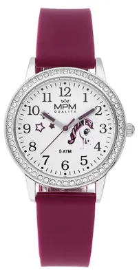 Imagen del producto de MPM-Quality Ponny Stars: Reloj infantil de plata, diámetro 34 mm, correa roja, diseño de unicornio