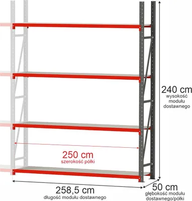 Zdjęcie produktu dla Regał metalowy magazynowy 4-półkowy Mega-M FORTIS 240x258,5x50 cm 1000kg moduł dostawny