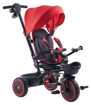 Produktbild von SucceBuy Dreirad für Kinder von 1 bis 5 Jahren, Laufrad mit Schiebestange, Klappverdeck, Einstellbarem Sitz und Stauraumkorb, Kinderfahrzeug als Geschenk für Jungen und Mädchen, Rot und Schwarz