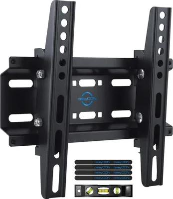 A black metal TV wall mount is shown against a white background. Accessories like a spirit level and strips are placed below the mount.