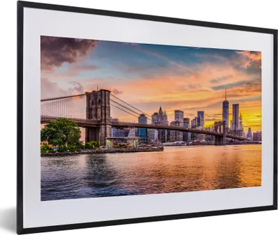 Produktbild von MuchoWow® MuchoWow® Gerahmtes Poster New York - Brooklyn Bridge - Wolken 60x40 cm - Poster mit zchwarzem Bilderrahmen - Schlafzimmer - Plakat in Rahmen - Drucken
