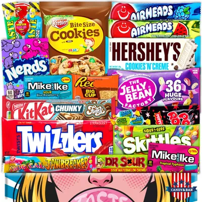 A collage of various American candies and snacks.