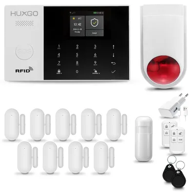 Image de Système d'alarme sans fil HUXGO HXA005, WiFi + GSM 4G, avec sirène sans fil. Système d'alarme pour la maison, comprenant 1 détecteur de mouvement PIR, 9 capteurs de porte/fenêtre, et compatible avec l'application Tuya