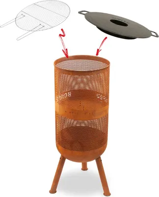 Produktbild von BonFeu Bonves Ø 34cm Rost - Feuerkorb für den Garten - Feuertonne & Feuerstelle - Feuerschale Feuerkorb aus Stahl - Mit Grillrost & Schürhaken zum Kochen - Feuerkorb mit Grillrost Hochwertig