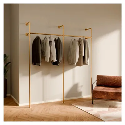 Produktbild von Kleiderstange Wandmontage 200 kg Traglast - Offener Kleiderschrank oder Kleiderständer industrial gold aus Metall Wasserrohren