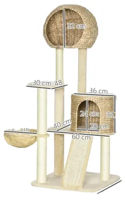Zdjęcie produktu dla Drapak, 60 x 60 x 150 cm, cztery poziomy, wykonany z liny jutowej, konstrukcja zapobiegająca przewróceniu się, w zestawie hamak