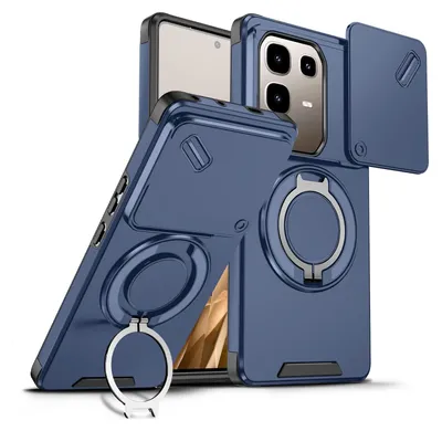 Immagine prodotto di Custodia a doppio strato per Infinix Note 50 Pro+, copertura scorrevole della fotocamera e supporto ad anello magnetico Blu