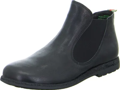 A black leather ankle boot with elastic side panels, presented against a white background.