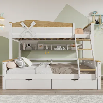 A bunk bed with shelves and drawers, decorated with wooden oars on the headboard.