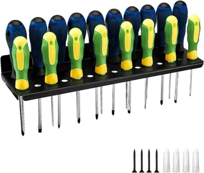Imagen del producto de Soporte de herramientas para montaje en pared, con 25 orificios, fabricado en acero al carbono, incluye tornillos, ideal para talleres