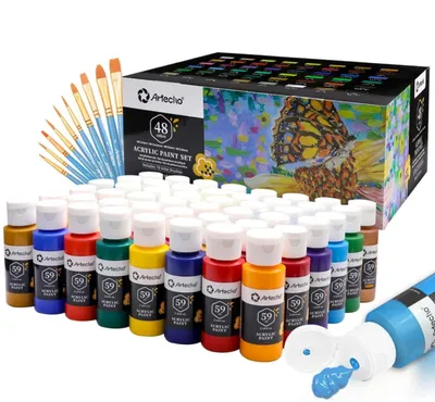 Produktbild von Artecho 58 Stk. Acrylfarben Künstler Set – 48 x 59ml Wasserfest Acrylfarben mit 10 Pinseln – für Papier, Leinwand, Karton, Holz, Glas, Stein, Ton uvm.