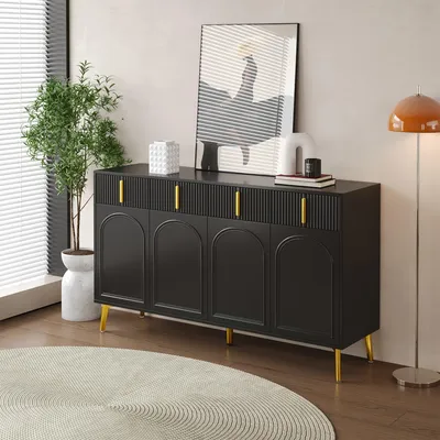 Image de Meuble de rangement - Armoire - Commode - Meuble TV - Noir mat avec accents dorés - 4 portes et 4 tiroirs