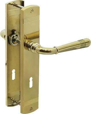 A brass door handle set with a keyhole.