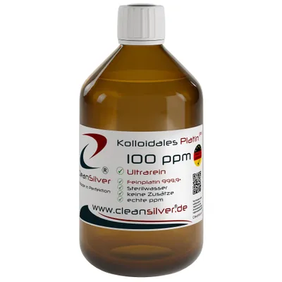 Produktbild von CleanSilver - Kolloidales Platin 100ppm 500ml - Ultrarein: Sterilwasser und Feinplatin 99,99% - Germany - stets frisch, keine Lagerware!