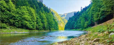 Produktbild von Wallario selbstklebendes Poster - Fluss in den Bergen an steinigem Ufer, Größe: 80 x 200 cm