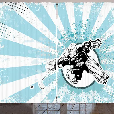 Zdjęcie produktu dla ARANDE Zasłona hokejowa, tło w stylu grunge retro z półtonami i numerem bramkarza w okręgu, 280 x 245 cm, jasnoniebieski, czarny, biały