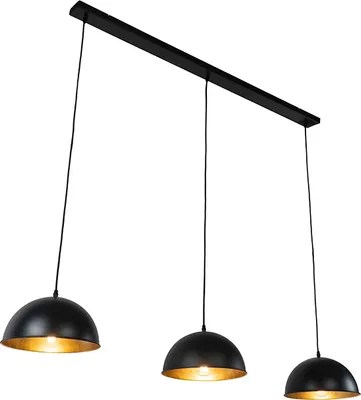 Produktbild von QAZQA - Industrie I Vintage I Industrie I Vintage I Hängelampe I Pendellampe I Halbrund Pendelleuchte schwarz mit Gold I Messingenen 3-flammig-Lichtern - Magnax I Wohnzimmer I Schlafzimmer - Stahl Län