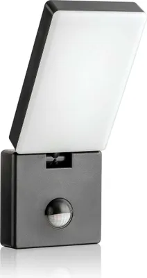 A black and white outdoor LED light with a motion sensor.