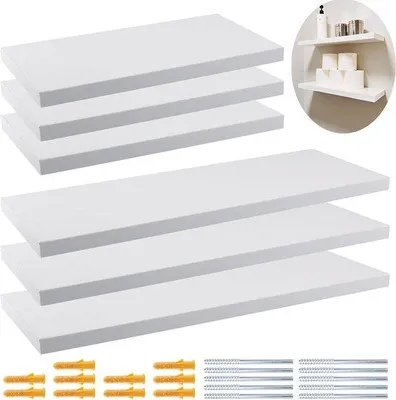 Immagine prodotto di Set di 6 mensole a muro galleggianti - legno bianco - 30 cm e 40 cm - fissaggio a parete con viti - per soggiorno cucina camera da letto ufficio