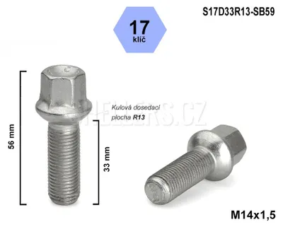 Obrázek produktu pro Kolový šroub M14x1,5x33 kulový R13, klíč 17, S17D33R13-SB59, výška 56 mm