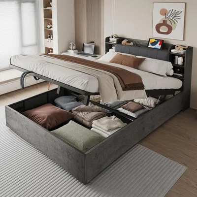 Productafbeelding van Functioneel bed, 184x99,5 cm, met USB-aansluiting, met opbergruimte, met opbergvakken, met gestoffeerd hoofdeinde, grijs