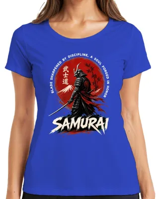Obrázok produktu pre Samuraj, Bushido, Japonsko, Katana, Vojak, Fuji, Slnko, Retro, Y2K, Ronin, Dámske tričko, Modrá, Veľkosť XL
