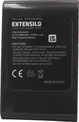 Produktbild von EXTENSILO Akku kompatibel mit Dyson DC35, DC30, DC35 Exclusive, DC44, DC31 Animal, DC34 Staubsauger - Typ A Schwarz (5000 mAh, 22,2 V, Li-Ion)