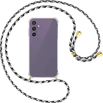 Produktbild von Handykette Backcover-Schutzhülle mit Band (Metall goldfarben) für Samsung Galaxy A25 5G - schwarz/grau/weiß
