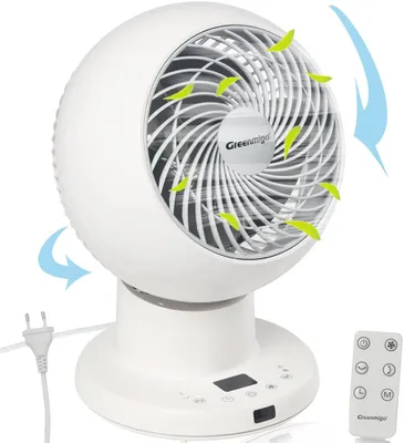 A white electric fan with a remote control and power plug.