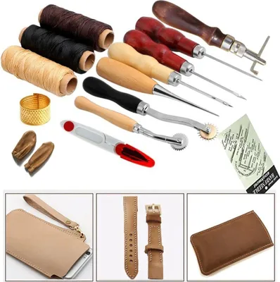Image de kit de bricolage en cuir de 14 pièces, outils de couture, couture à la main, aiguille DIY, fil à dé à coudre, outils de travail manuel