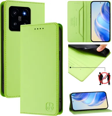 Collage of product images showing a green phone case from different angles and with different features.
