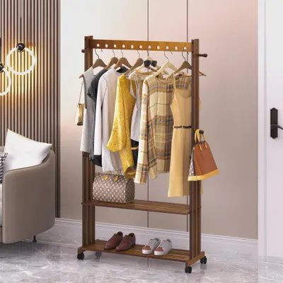 Produktbild von FATIVO Kleiderständer Rollbar 104x32,2x166 cm - Holz Garderobe mit 2 Ablagen & 4 Haken, Flurgarderobe, Rollgarderobe