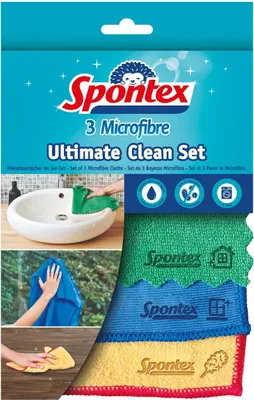Obrázek produktu pro Spontex 3384120015142, Mikrovlákno, Modrá, Zelená, Žlutá, Praní v pračce, 40 °C, 3 kusů, Krabice