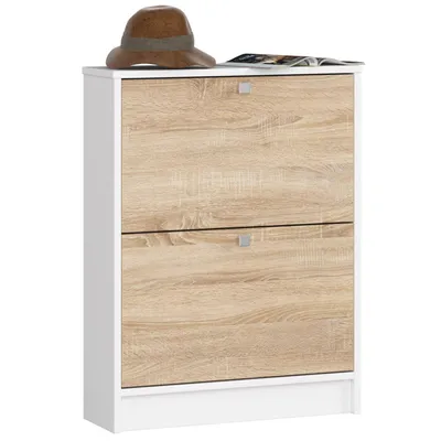 Produktbild von Schuhschrank – Schuhkommode mit 2 Kipp-Türen – Flur Schuhkommode – Weiß / Sonoma Eiche – 60 cm – Eleganz und Stauraum in einem