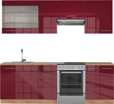 Produktbild von Küchenzeile Vicco Fame-Line Bordeaux Hochglanz/Goldkraft Eiche 240 cm ohne Arbeitsplatte, Model 38666