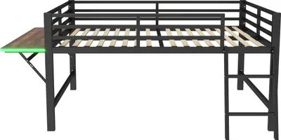 Produktbild von Flieks Etagenbett Metallbett 140x200cm mit Klappbarem Schreibtisch, Hochbett mit LED, Stockbett Kinderbett Doppelbett mit Rausfallschutz, Schwarz