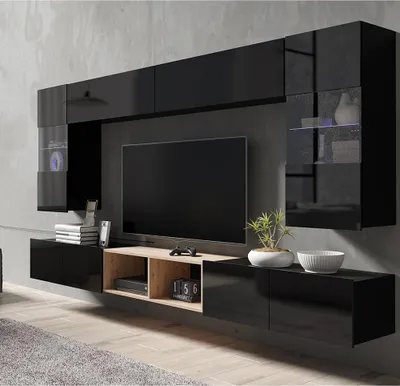 Produktbild von Wohnwand Set mit 2 Hängevitrinen und LED Beleuchtung in schwarz Hochglanz mit Artisan Eiche Nb. CAIRNS-132, B/H/T ca. 300/200/43 cm