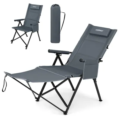 Image de Chaise de camping COSTWAY avec repose-pieds, pliable, supportant jusqu'à 150 kg, avec dossier réglable en 4 positions, repose-tête et poche latérale, chaise de plage haute, couleur grise