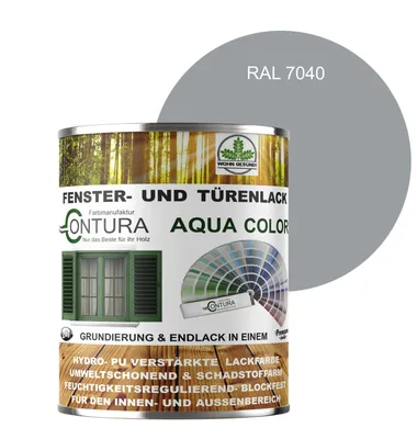 Produktbild von Contura 750ml Fenster und Türenlack Seidenmatt nach RAL 2in1 mit Pinsel Möbellack Innen und Außen Holzlack - RAL 7040 Fenstergrau