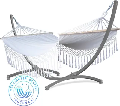 Produktbild von Potenza Outdoor Hängematte mit Gestell für 2 Personen I Stabhängematte XXL 220x160, 200kg I Verzinkter Grau Hängemattengestell 220kg Wetterfest