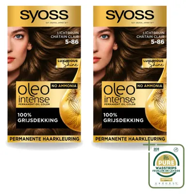Imagen del producto de 2 unidades de tinte permanente para el cabello SYOSS Oleo Intense 5-86, color castaño claro, pack de suministro
