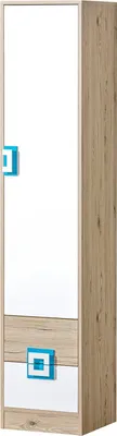 Produktbild von Furniture24 Schrank NICO 05, Kleiderschrank, Drehtürenschrank, Schrank mit 2 Schubfächern und 4 Einlegeboden, Regal mit Türen Hell Eiche/Weiß/Türkis