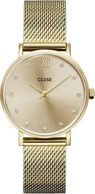 A close-up, front-facing studio shot of a gold Cluse women's watch with a mesh band.