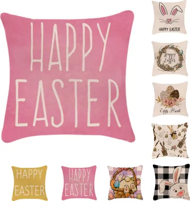 Produktbild von MEBLE ODNOWA, Dekorativer Oster-Kissenbezug „Happy Easter“ – Rosa, frühlingshafter Zierkissenbezug für Sofa und Bett