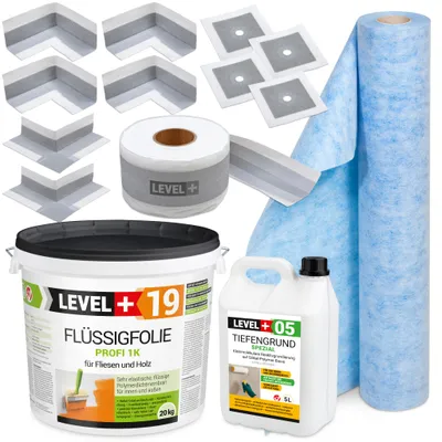 Produktbild von Dichtset Innen Außen Abdichtung-Set SET549 Dichtvlies Flüssigfolie 25Kg Auf Holz Fliesen OSB Wasserdicht Dichtband 120/70mm Ausdehnbar