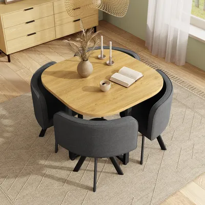 Produktbild von MODFU Esszimmerstuhl set mit einem Esstisch (85 x 85 cm) und sechs Stühlen,4 Personen,Küchenstuhl mit Leinenstoff,Tischplatte aus Eichentischplatte,Grau