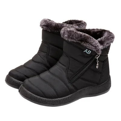 Produktbild von 1 Paar Schneestiefel rutschfest Plüsch gefüttert Reißverschluss Stickerei Buchstaben wasserdicht flache Sohle Winter warm Frauen Ankle Schuhe Streetwear-Schwarz